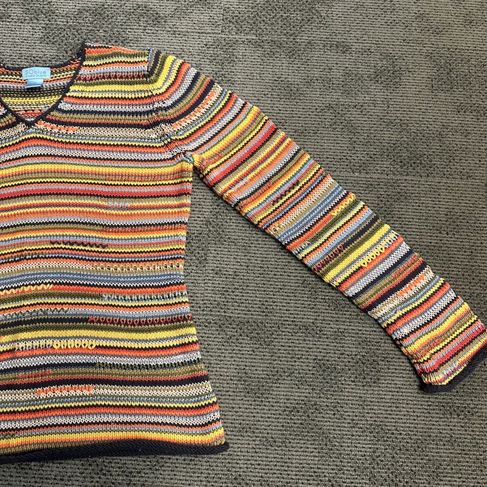 Sigrid Olsen SO Blue Multi Color Striped V-Neck Knit Sweater Womens Medium - Picture 4 of 8